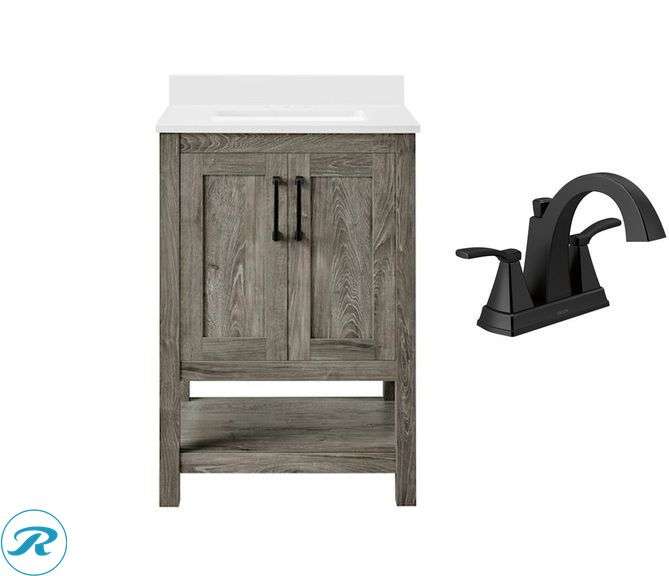 (1) Display Model- Style Selections Howell 24-in Weathered brown Undermount Single Sink Bathroom Vanity with White Engineered Stone Top with Delta Flynn Black Matte Black 4-in centerset 2-handle WaterSense Mid-arc Residential Handle Bathroom Sink Faucet with Drain (Total of 1 Vanity with Faucet and top) (See Photos)