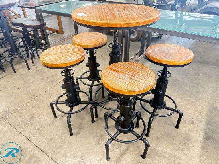 Adjustable-Height Bar Table and 4-pc Stool Set with Wood Tops and Metal Bases