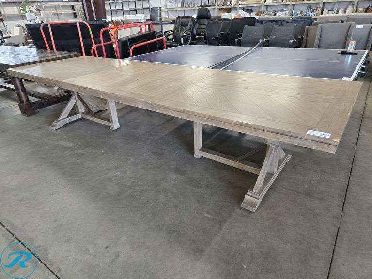 Expandable Rectangular Wood Dining / Conference Table with Trestle Base and (2) 24" Inserts, Approx. 144″ x 44″ Expanded