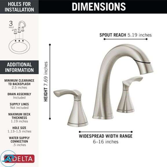 (1) New- Delta Sandover Pulldown Spotshield Brushed Nickel Widespread 2-handle WaterSense Mid-arc Residential Handle Pull-down Bathroom Sink Faucet with Drain (Total of 1 Faucet) - Roller Auctions