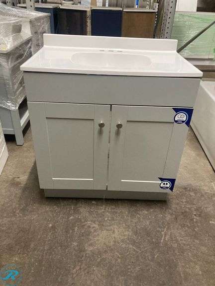 (1) Display Model- Project Source Dover 30-in Light Gray Single Sink Bathroom Vanity with White Cultured Marble Top (Total of 1 Vanity with Top) (Some minor scratches See Photos) - Roller Auctions