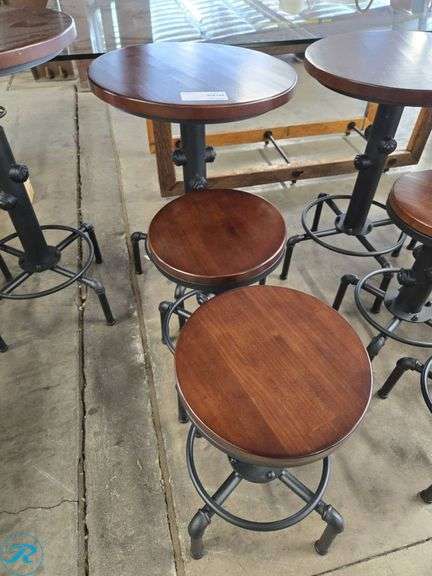 Adjustable-Height Bar Table and 2-pc Stool Set with Wood Tops and Metal Bases - Roller Auctions