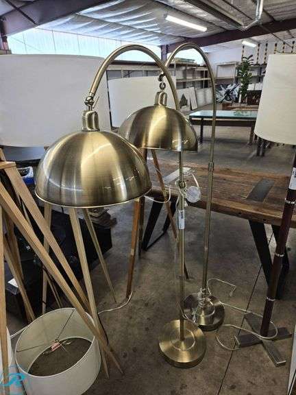 Brushed Brass Dual Floor Lamp with Arched Design and Dome Shades - Roller Auctions
