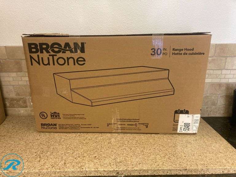 (1) New- Broan 30 inch Ductless Recirculating White Under Cabinet Range Hood with Charcoal Filter (Box has damage and its Dented From one Side See Photos)(Total of 1 Hood) - Roller Auctions