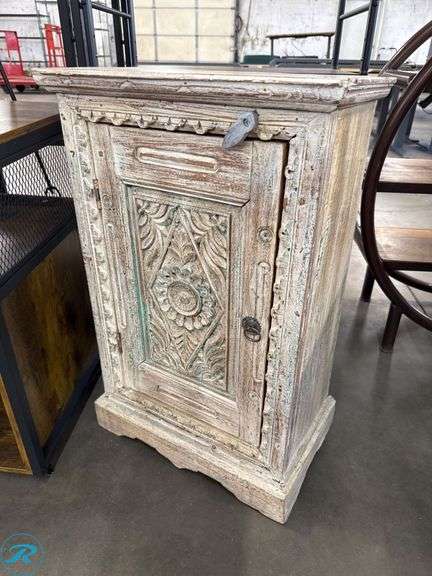 Wooden Cabinet with Carved Front Panel, 11x18x11 Inches - Roller Auctions