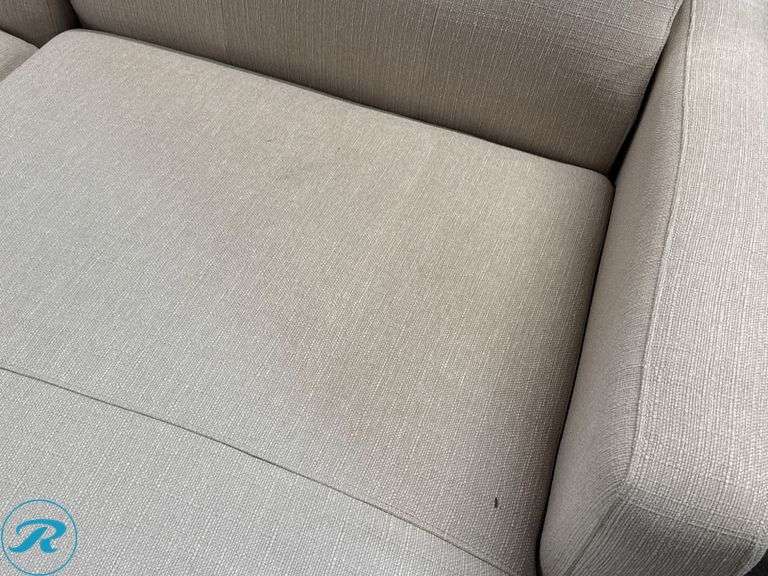 Right-Facing Beige Upholstered Sectional Sofa with Wood Legs, ( Signs of Sun Fading on the fabric ) - Roller Auctions