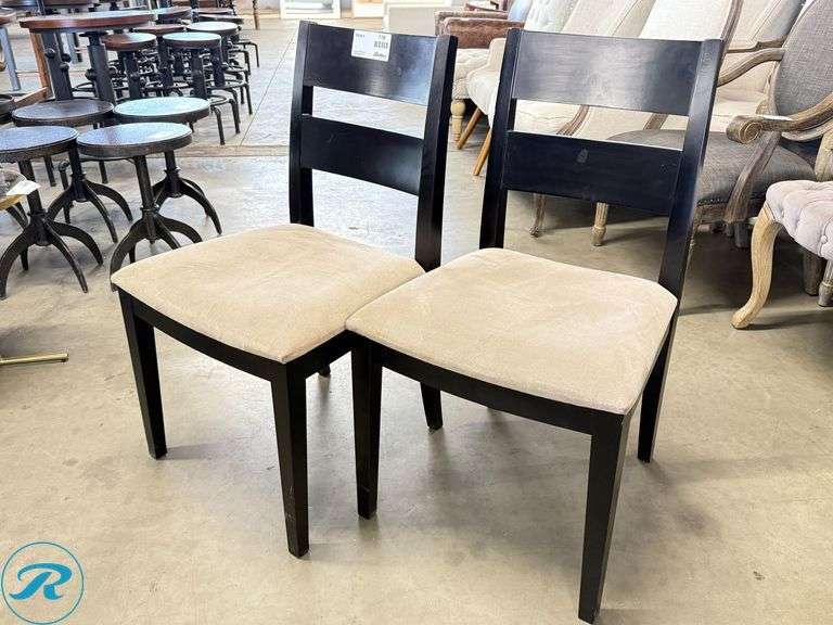 (2) Wooden Chairs with Beige Upholstered Seats