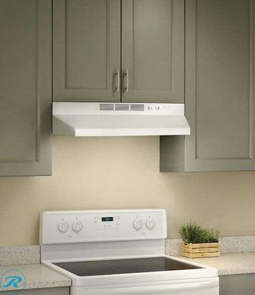 (1) New- Broan 30 inch Ductless Recirculating White Under Cabinet Range Hood with Charcoal Filter (Box has damage and its Dented From one Side See Photos)(Total of 1 Hood) - Roller Auctions