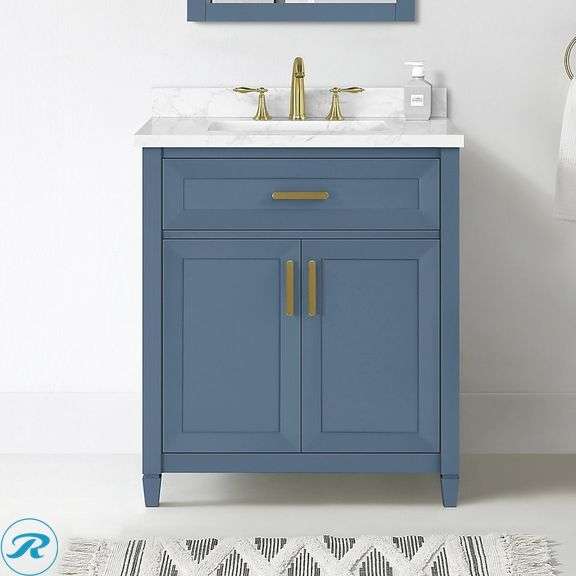 (1) New- allen + roth Lancashire 30-in Chambray Blue Undermount Single Sink Bathroom Vanity with White Engineered Stone Top (Total of 1 Vanity) (Some Minor Scratches See Photos)