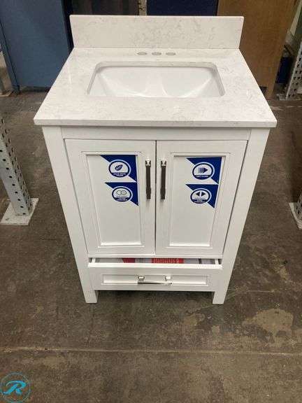 (1) Display Model- allen + roth Crest Hill 24-in White Undermount Single Sink Bathroom Vanity with Engineered Carrara Marble Top (total of 1 vanity with top) (Some minor scratches and some stains inside See Photos) - Roller Auctions