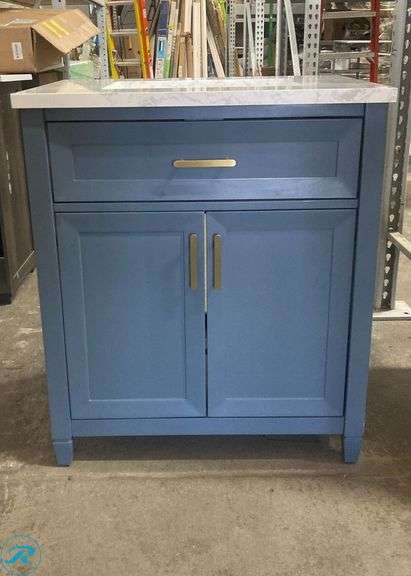 (1) New- allen + roth Lancashire 30-in Chambray Blue Undermount Single Sink Bathroom Vanity with White Engineered Stone Top (Total of 1 Vanity) (Some Minor Scratches See Photos) - Roller Auctions
