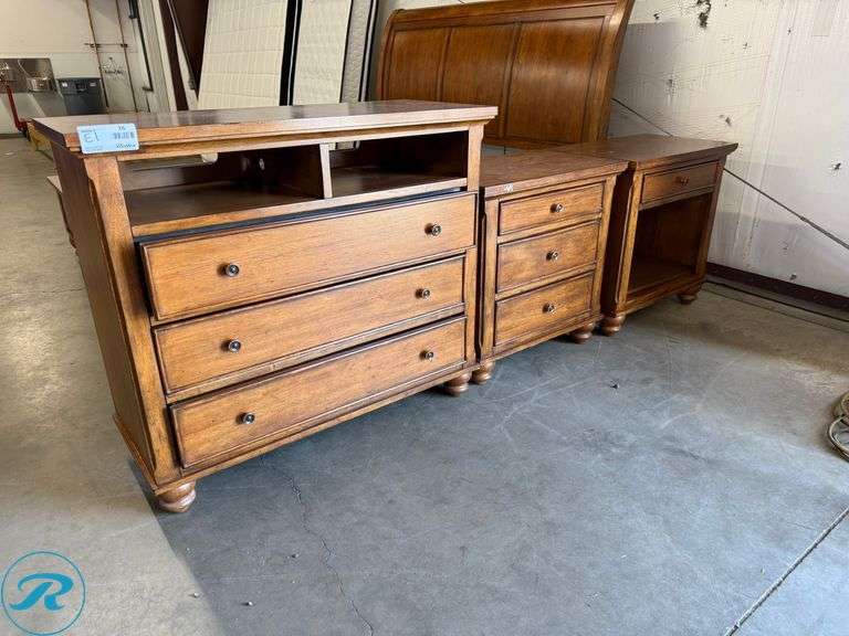 Dresser with Three Drawers and Open Shelves, 44 in x 18 in x 38”h with (2) Nightstands, 28 in x 18 in x 29”h