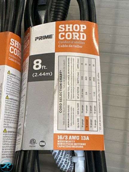 (2) Prime 8-Ft 16/3 AWG 13A Medium Duty Shop Cords - Roller Auctions