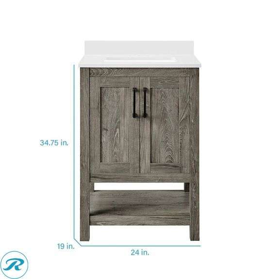 (1) Display Model- Style Selections Howell 24-in Weathered brown Undermount Single Sink Bathroom Vanity with White Engineered Stone Top with Delta Flynn Black Matte Black 4-in centerset 2-handle WaterSense Mid-arc Residential Handle Bathroom Sink Faucet with Drain (Total of 1 Vanity with Faucet and top) (See Photos) - Roller Auctions