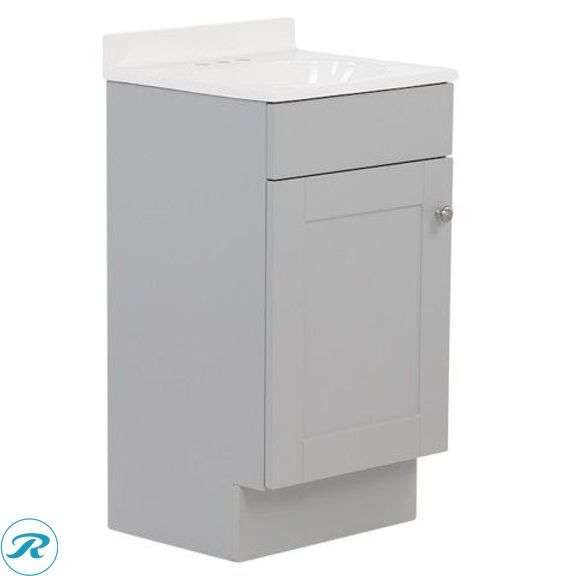 (1) Display Model- Project Source Dover 18-in Light Gray Single Sink Bathroom Vanity with White Cultured Marble Top (see photos) (total of 1 vanity with top)