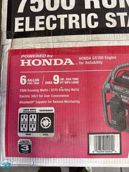 New Black Max 7500 Running Watt Electric Start Generator Powered by Honda - Roller Auctions