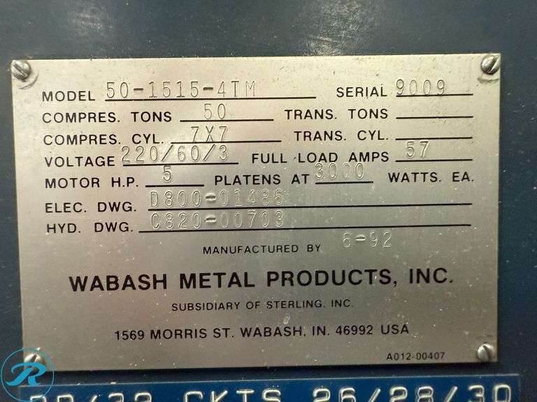 Wabash 50-1515-4TM 50-Ton Compression Molding Press, 3k Watt Heated Platen, 7x7 Compression Cylinder, 5HP, 480V 3-Phase - Roller Auctions