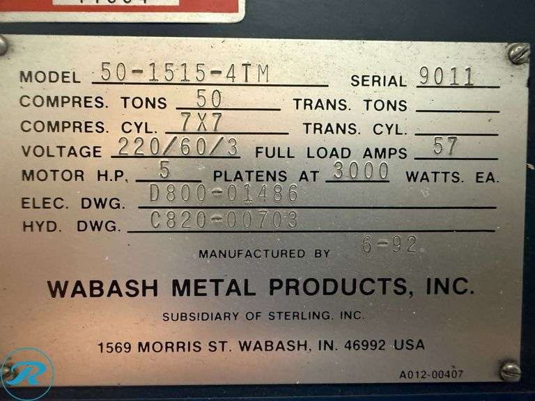 Wabash 50-1515-4TM 50-Ton Compression Molding Press, 3k Watt Heated Platen, 7x7 Compression Cylinder, 5HP, 480V 3-Phase - Roller Auctions