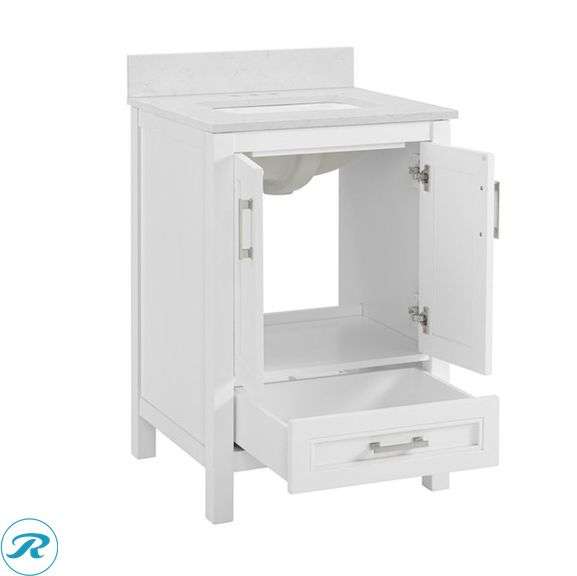 (1) Display Model- allen + roth Crest Hill 24-in White Undermount Single Sink Bathroom Vanity with Engineered Carrara Marble Top (total of 1 vanity with top) (Some minor scratches and some stains inside See Photos) - Roller Auctions