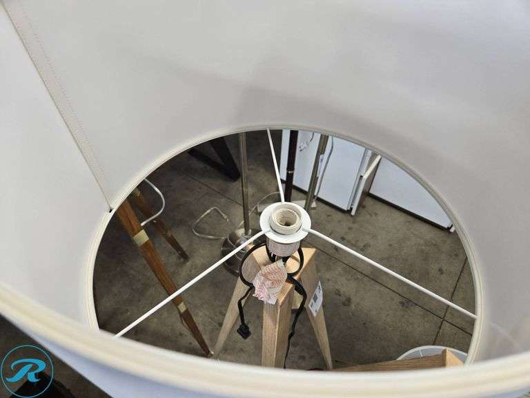 (3) Wooden Tripod Floor Lamps with White Shades, (1-Damaged) - Roller Auctions