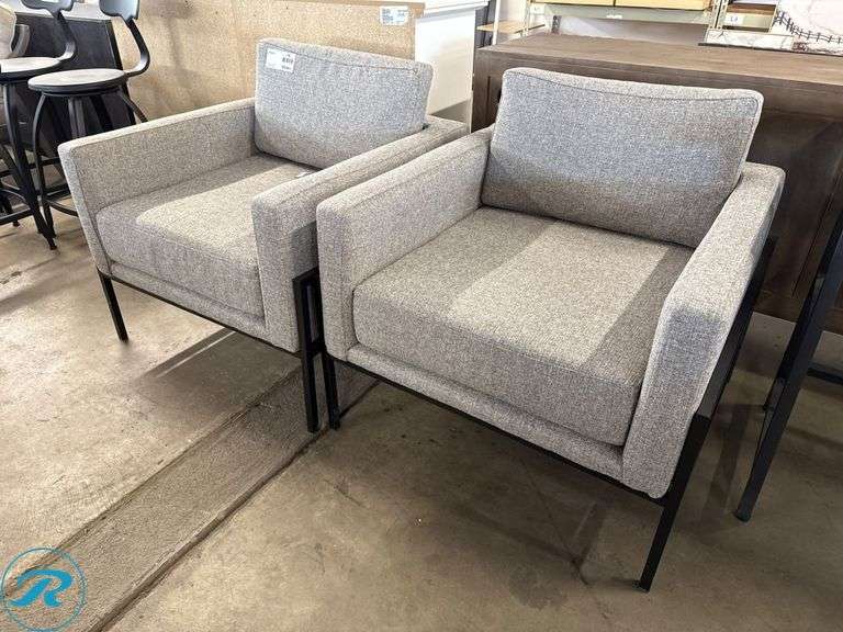 (2) Gray Upholstered Armchairs with Metal Frames - Roller Auctions