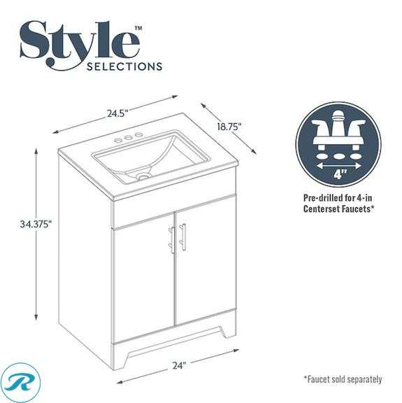 (2) Display Model- (1) Style Selections Tierra 24-in White Single Sink Bathroom Vanity with White Cultured Marble Top allen + roth Harlow Brushed Nickel 4-in centerset 2-handle WaterSense High-arc Residential Handle Bathroom Sink Faucet with Drain with Deck Plate (1) Style Selections Acadia 12-in x 20-in x 6.93-in White Soft Close Bathroom Wall Cabinet (some stains inside and minor scratches See Photos) (total of 2 cabinets) - Roller Auctions