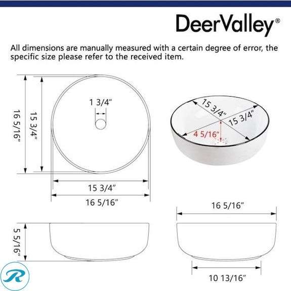 (1) New- DeerValley Symmetry Ceramic 16.34-in Vessel Round Traditional White Bathroom Sink (Total of 1 Sink) - Roller Auctions
