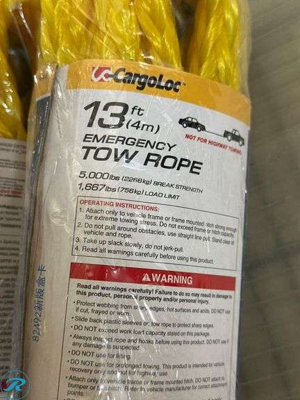 (2) CargoLoc 13 ft Emergency Tow Ropes, 5,000 lbs Break Strength - Roller Auctions