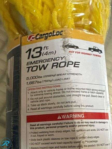 CargoLoc 13 ft Emergency Tow Rope, 5,000 lbs Break Strength - Roller Auctions