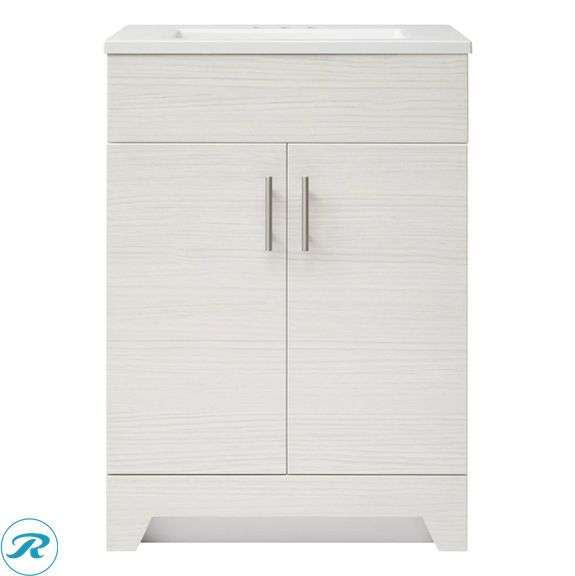 (2) Display Model- (1) Style Selections Tierra 24-in White Single Sink Bathroom Vanity with White Cultured Marble Top allen + roth Harlow Brushed Nickel 4-in centerset 2-handle WaterSense High-arc Residential Handle Bathroom Sink Faucet with Drain with Deck Plate (1) Style Selections Acadia 12-in x 20-in x 6.93-in White Soft Close Bathroom Wall Cabinet (some stains inside and minor scratches See Photos) (total of 2 cabinets) - Roller Auctions