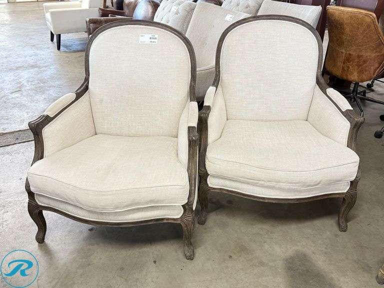 (2) Upholstered Armchairs with Carved Wooden Frames