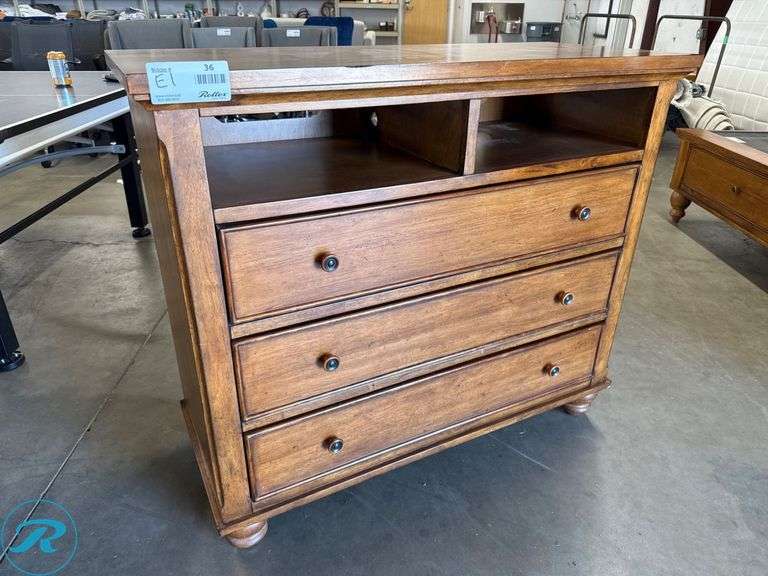 Dresser with Three Drawers and Open Shelves, 44 in x 18 in x 38”h with (2) Nightstands, 28 in x 18 in x 29”h - Roller Auctions