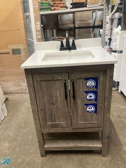 (1) Display Model- Style Selections Howell 24-in Weathered brown Undermount Single Sink Bathroom Vanity with White Engineered Stone Top with Delta Flynn Black Matte Black 4-in centerset 2-handle WaterSense Mid-arc Residential Handle Bathroom Sink Faucet with Drain (Total of 1 Vanity with Faucet and top) (See Photos) - Roller Auctions