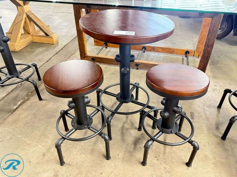 Adjustable-Height Bar Table and 2-pc Stool Set with Wood Tops and Metal Bases