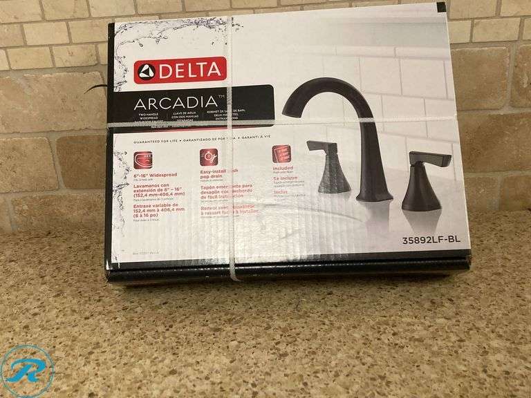 (1) New- Delta Arcadia Matte Black Widespread 2-handle WaterSense Mid-arc Residential Handle Bathroom Sink Faucet with Drain (Total of 1 Faucet) - Roller Auctions