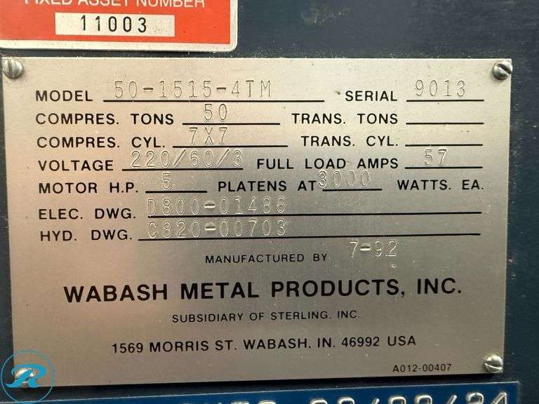 Wabash 50-1515-4TM 50-Ton Compression Molding Press, 3k Watt Heated Platen, 7x7 Compression Cylinder, 5HP, 480V 3-Phase - Roller Auctions