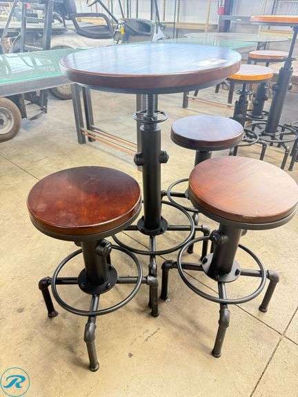 Adjustable-Height Bar Table and 2-pc Stool Set with Wood Tops and Metal Bases