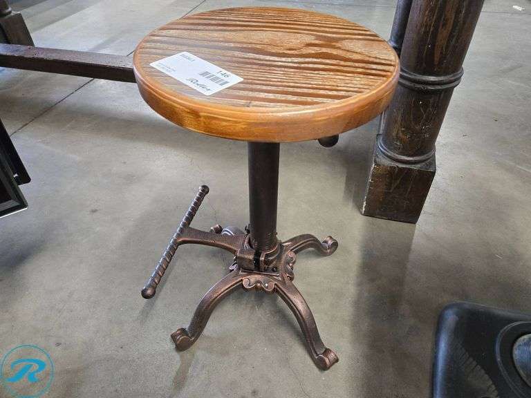 Adjustable Stool with Wood Seat and Cast Iron Base