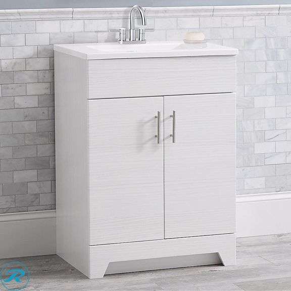 (2) Display Model- (1) Style Selections Tierra 24-in White Single Sink Bathroom Vanity with White Cultured Marble Top allen + roth Harlow Brushed Nickel 4-in centerset 2-handle WaterSense High-arc Residential Handle Bathroom Sink Faucet with Drain with Deck Plate (1) Style Selections Acadia 12-in x 20-in x 6.93-in White Soft Close Bathroom Wall Cabinet (some stains inside and minor scratches See Photos) (total of 2 cabinets)