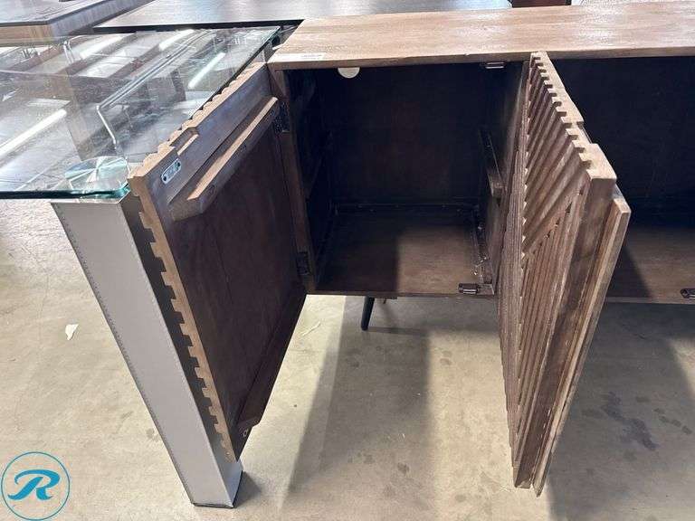 Wooden Cabinet With Geometric Carved Front Panel, 58 in x 18 in - Roller Auctions