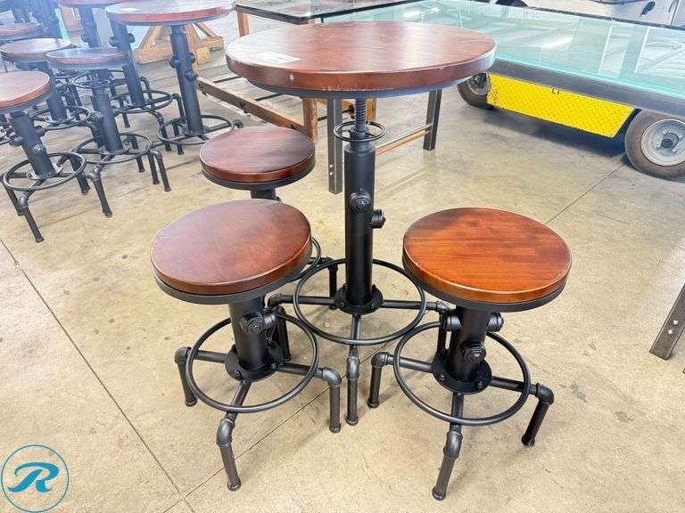 Adjustable-Height Bar Table and 3-pc Stool Set with Wood Tops and Metal Bases