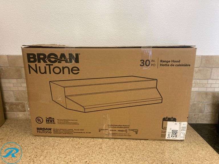 (1) New- Broan 30 inch Ductless Recirculating White Under Cabinet Range Hood with Charcoal Filter (Box has damage and its Dented From one Side See Photos)(Total of 1 Hood) - Roller Auctions