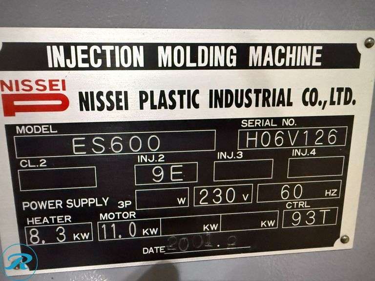 2001 Nissei ES600 Elject 60-Ton Injection Mold Machine (s/n H06V126) with Motan Hopper, Maguire Color Feed System, Transformer and Power Control Box - Roller Auctions