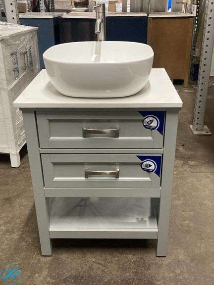 (1) Display Model- Style Selections Cromlee 24-in Light Gray Single Sink Bathroom Vanity with White Engineered Stone Top (Faucet Included) (total of 1 Vanity with Top) (see photos) - Roller Auctions