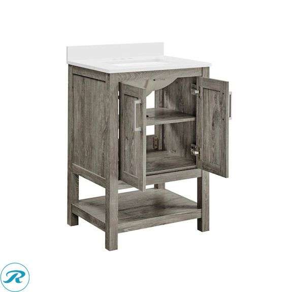 (1) Display Model- Style Selections Howell 24-in Weathered brown Undermount Single Sink Bathroom Vanity with White Engineered Stone Top with Delta Flynn Black Matte Black 4-in centerset 2-handle WaterSense Mid-arc Residential Handle Bathroom Sink Faucet with Drain (Total of 1 Vanity with Faucet and top) (See Photos) - Roller Auctions
