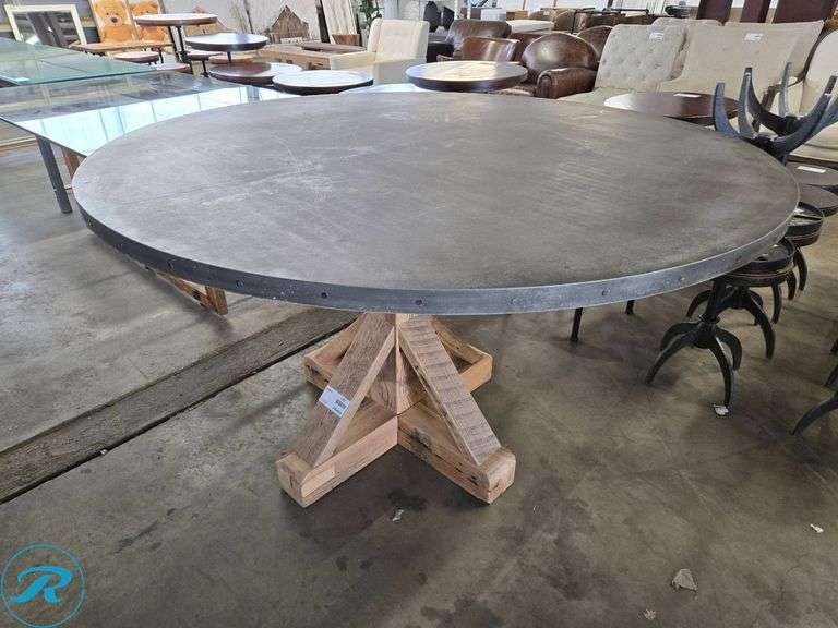Round Dining Table with Patterned Top and Wooden Trestle Base, 60 Inches in Diameter - Roller Auctions