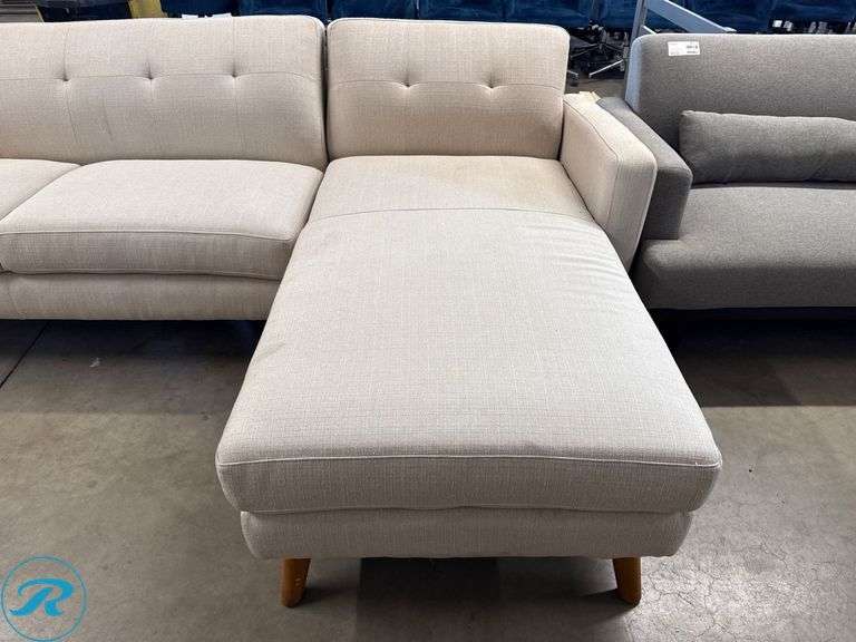 Right-Facing Beige Upholstered Sectional Sofa with Wood Legs, ( Signs of Sun Fading on the fabric ) - Roller Auctions