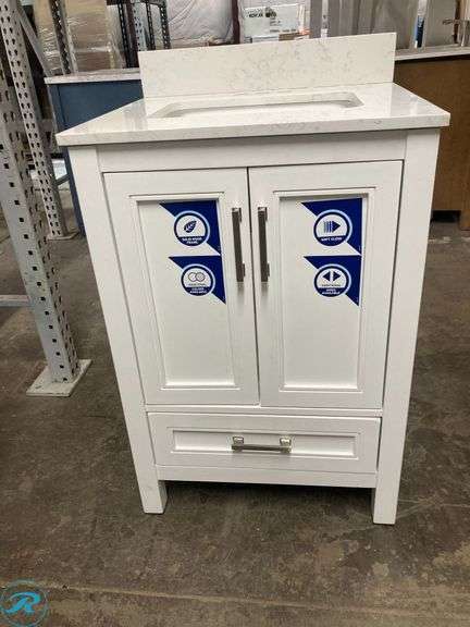 (1) Display Model- allen + roth Crest Hill 24-in White Undermount Single Sink Bathroom Vanity with Engineered Carrara Marble Top (total of 1 vanity with top) (Some minor scratches and some stains inside See Photos) - Roller Auctions