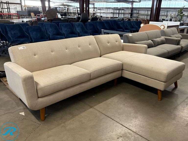 Right-Facing Beige Upholstered Sectional Sofa with Wood Legs, ( Signs of Sun Fading on the fabric )