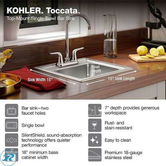(1) New- KOHLER Toccata 15-in L x 15-in W Stainless steel Drop-in Residential Bar Sink (Total of 1 Sink) - Roller Auctions